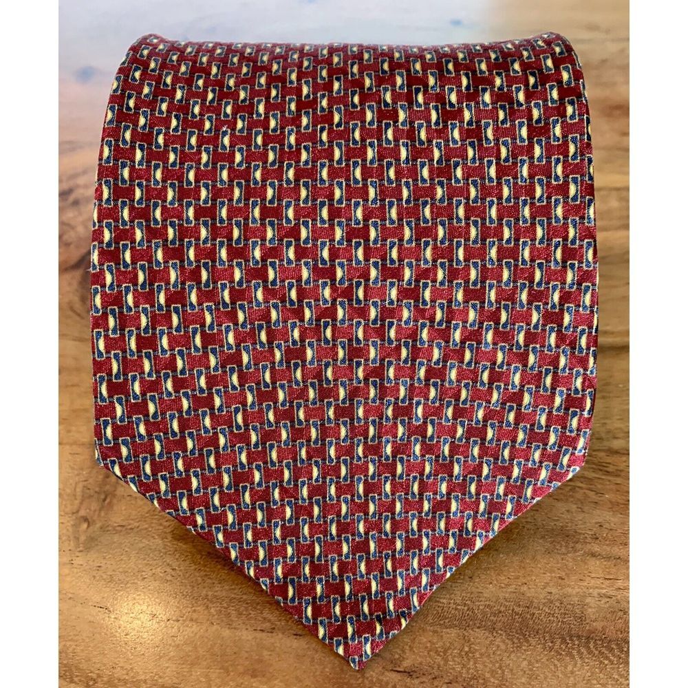 Neo Bill Blass Red Blue Yellow Geometric Brocade 100% Silk Tie